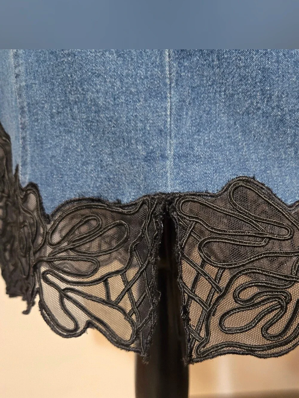 Basix II, Blue Denim Jacket & Skirt Set with Black Lace Trim